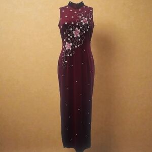 Chic Burgundy Floral Beaded and Embroidered Cheongsam Gown